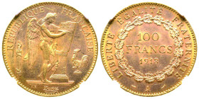 Troisième République 1870-1940
100 Francs, Paris, 1913 A, AU 32.25 g.
Ref : G. 1137, Fr. 590
Conservation : NGC MS 63