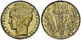 Troisième République 1870-1940
Essai de 100 francs Bazor, 1929, AE-Al 3.35 g.
Réf : Maz.2531a (R1)
Conservation : NGC MS 63