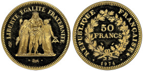Cinquième république 1959-
Piéfort en or de 50 Francs Hercule, 1974, AU 102 g. 920‰ 41 mm tranche en relief
Ref : GEM 223.P2
Conservation : NGC PROOF ...