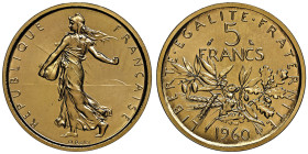 Piéfort or de 5 francs Semeuse, 1960, AU 38.9 g. 920‰
Ref: G(1989).770P, GEM 153.P2
Conservation : NGC MS 65.
Quantité : 50 exemplaires. Rarissime