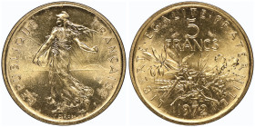 Piéfort or de 5 Francs Semeuse, 1972, AU 38.9 g. 920‰
Ref : GEM 154.P3, KM#P410
Conservation : NGC PF 62
Quantité : 200 exemplaires.