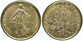 Piéfort or de 5 Francs Semeuse, 1974, AU 38.9 g. 920‰
Ref : GEM 154.P3, KM#P410
Conservation : NGC PF 64
Quantité : 107 exemplaires.