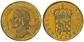Oliver Cromwell, LORD PROTECTOR, 1653-1658
Essai en or Pattern Broad de 20 Shillings, tranche striée,
1656, AU 9 g. 28 mm By Thomas Simon
Avers : OLIV...