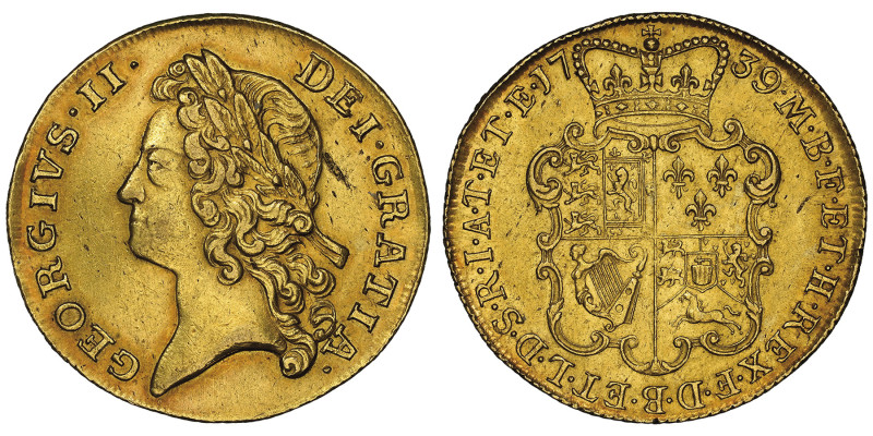 George II 1727-1760
2 Guineas, London, 1739, AU 16.72 g. Ref : S. 3669, Fr. 338....