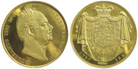 William IV 1830-1837
Gold Pattern Crown, 5 pounds, 1831, AU 40.5 g. 38 mm By William Wyon after Chantrey, reverse by Jean-Baptiste Merlen, tranche lis...