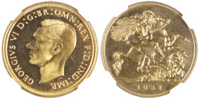 George VI 1936-1952
Half Sovereign Proof, 1937, AU 3.99 g.
Ref : S. 4077, Fr. 412, KM#858 Conservation : NGC PROOF 65