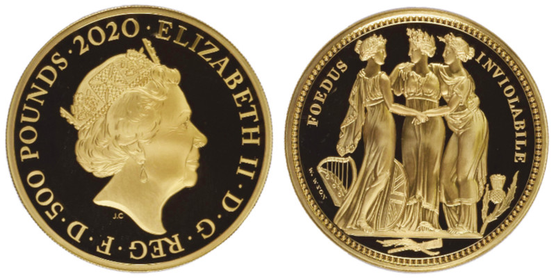 Elizabeth II 1952 - 2022
500 Pounds, 2020, 5 oz of 999.9 fine gold, AU 155.5 g...
