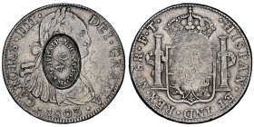 Charles I 1637-1642
4 Shillings/6 Pence, Greenock R&G Blair, sur un 8 reales 1803 Mexique, ND (ca. 1823), AG
Ref : Manville 53
Conservation : NGC VF 3...