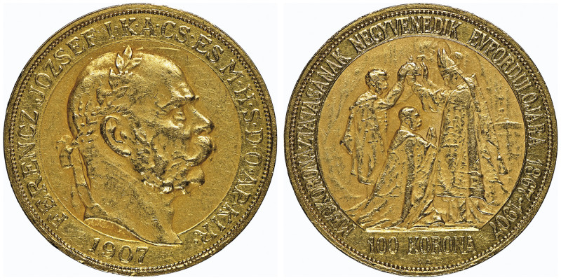 Franz Joseph I 1848 - 1916
100 Corona, Kremnitz, 1907 KB, Coronation, AU 33.87 g...
