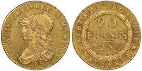 Napoléon en italie
République Subalpine 1800-1802
20 Francs AN 10, A Turin, 1800, AU 6.45 g. Ref : G. IT 5/2a, Pag.3, Fr.1172
Conservation : NGC AU 58...