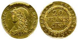 Napoléon en italie
République Subalpine 1800-1802
20 Francs AN 10, A Turin, 1800, AU 6.45 g. Ref : G. IT 5/2a, Pag.3, Fr.1172
Conservation : PCGS MS 6...