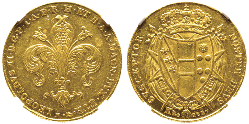 Leopoldo II 1824-1848 
80 Fiorini, 1827 N, AU 32.6 g.
Ref : MIR 443/1 (R2), Pucc...