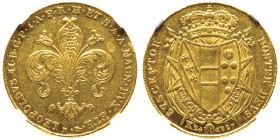 Leopoldo II 1824-1848 
80 Fiorini, 1827 N, AU 32.6 g.
Ref : MIR 443/1 (R2), Pucci 202, Pag. 91, Fr. 80 Conservation : NGC AU 58. Très Rare