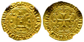 Charles VII, Seigneur de Gênes 1458-1461
Genovino, AU 3.45 g.
Avers : C REX FRANCOR D IANV Portail génois dans un polylobe tréflé, dessus, un lys.
Rev...