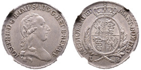 Giuseppe II 1780-1790
Mezzo Scudo, 1783, AG 11.56 g.
Ref : MIR 447/3 (R), CR. 3/C
Conservation : NGC MS62+. Rare. Top Pop: le plus bel exemplaire conn...