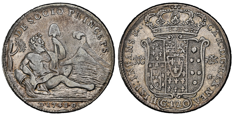 Carlo di Borbone, 1734-1759
Piastra da 120 Grana, Napoli, 1748, AG 25.61 g. Ref ...