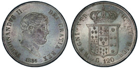 Ferdinando II di Borbone, 1830-1859
Piastra de 120 Grana, 1856, AG 27 g. Ref : MIR 503/5, Pannuti Riccio 85 Conservation : PCGS MS 64. FDC