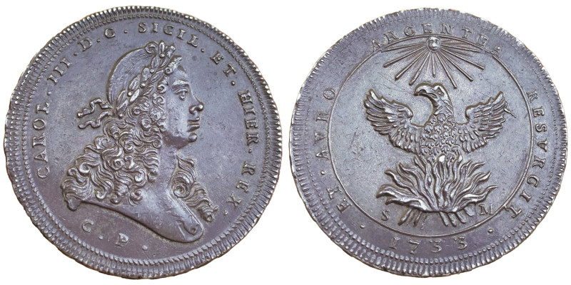 PALERMO
Carlo III 1720-1734
Oncia da 30 tari, Palermo, 1733, AG 73.7 g. Ref : MI...