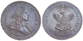 PALERMO
Carlo III 1720-1734
Oncia da 30 tari, Palermo, 1733, AG 73.7 g. Ref : MIR 516, Sp 54
Conservation : Superbe.
