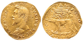 PIACENZA
Ranuccio I Farnese 1592-1622
2 Doppie, Piacenza, 1607, AU 12.80 g. Ref : MIR 1152/6 (R), CNI 11/12, Fr. 907 Conservation : PCGS XF 45