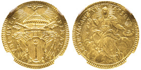 Sede Vacante 1758
Zecchino 1758, Rome, AU 
Ref : Fr. 231, Munt. 17
Conservation : NGC MS 61