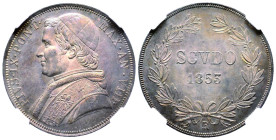 Pius IX 1846-1878
Scudo, Rome, 1853, AN VIII, AG g.
Ref : Pag. 271
Conservation : PCGS MS 64+. FDC. Rare