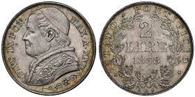 Pius IX 1846-1878 
2 Lire 1868 R, Rome, Anno XXII R, AG 10 g. Ref : KM#1379.2 MIR. 3167/7
Conservation : NGC MS 64. FDC
