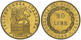 Governo Provvisorio di Venezia, 1848-49
20 Lire, 1848, AU 6.45 g.
Ref : Paolucci 1106, Pag. 176, Fr. 1518 Conservation : NGC MS 62. Superbe exemplaire...
