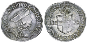 Carlo II 1504-1553
Testone, II Tipo, ND, AG 9.44 g.
Ref : Cud. 398, MIR 339, Sim 18, Biaggi 293 Conservation : NGC AU 50