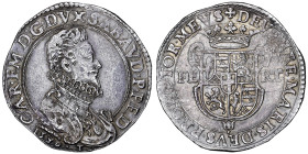 Carlo Emanuele I 1580-1630
Ducatone, IV Tipo, 1590 T, Torino,
AG 31.5 g. 44 mm
Avers : CAR EM D G DVX SABAVD P PED Busto del duca rivolto a destra con...