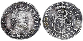 Carlo Emanuele I 1580-1630
Mezzo ducatone, I tipo, Torino, 1591, AG
Ref : Cud. 713c (R5), MIR 621, Sim. 43, Biaggi 528b
Conservation : rayures sinon T...