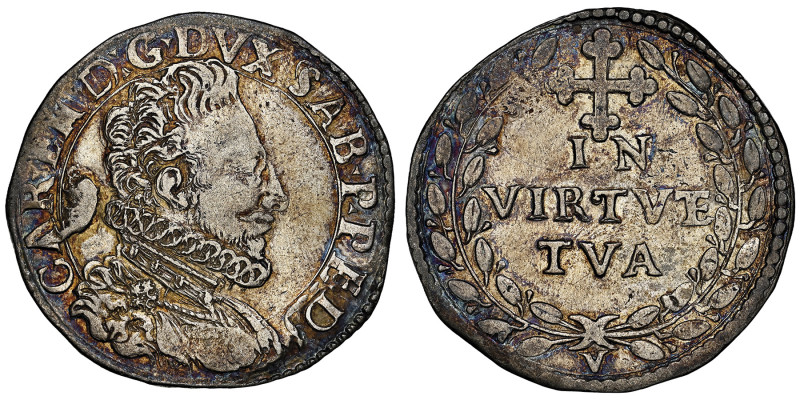 Carlo Emanuele I 1580-1630
Lira, Vercelli, AG 12.35 g.
Avers : CAR EM D G DVX SA...