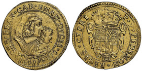 Carlo Emanuele II - Reggenza della madre Maria di Borbone 1638-1648
4 Scudi d'oro, I tipo, Torino, 1641, AU 13.21 g. Ref : Cud. 847c (R4), MIR 738, Si...