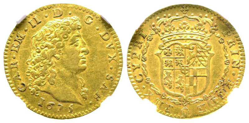 Carlo Emanuele II Duca 1648-1675
Doppia d'oro, IV tipo, 1675, AU 6.65 g.
Ref : C...