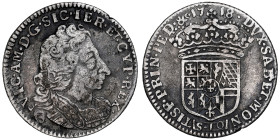 Vittorio Amedeo II - Duca 1680-1713
Mezza Lira, Torino, 1718, AG
Ref : Cud. 996b (R4), MIR 887, Biaggi 758b Conservation : NGC VF 25. Très Rare