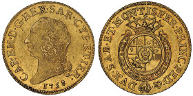 Carlo Emanuele III Secondo Periodo 1755-1773
Doppia Nuova, Torino, 1758/7, AU 9.65 g.
Ref : Cud. 1053d var. (R4), MIR 943d var. Sim. 30, Biaggi 808d v...