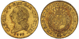 Carlo Emanuele III Secondo Periodo 1755-1773
Doppia Nuova, Torino, 1771, AU 9.65 g.
Ref : Cud. 1053p (R6), MIR 943, Sim. 30, Biaggi 808o, Fr. 1110
Con...
