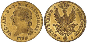 Vittorio Amedo III 1773-1796
Doppia Nuova, Torino, 1796, AU 9.10 g.
Ref : Cud. 1092k (R6), MIR 982, Biaggi 843m, Fr. 1120 Conservation : NGC AU 58. Tr...