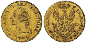 Vittorio Amedeo III 1773-1796
Mezza Doppia Nuova, Torino, 1793/2, AU 4.54 g. Ref : Cud. 1094 (R6), MIR 984, Biaggi 845, Fr. 1121 Conservation : Superb...