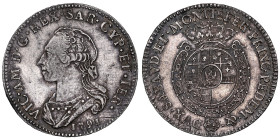 Vittorio Amedeo III 1773-1796
Quarto di Scudo, Torino, 1791, AG 8.61 g. Ref : Cud. 1099o (R6), MIR 989, Biaggi 850o Conservation : NGC AU 53