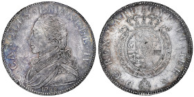 Carlo Emanuele IV 1796-1800
Mezzo Scudo, Torino, 1798, AG 17.58 g. Ref : Cud. 1122b (R2), MIR 1012b Conservation : NGC AU 55. Superbe