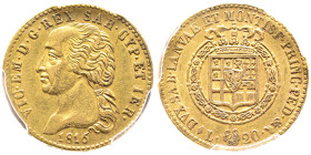 Vittorio Emanuele I 1802-1821
20 lire, Torino, 1816 L, AU 6.45 g.
Ref : Cud. 1139a (R2), MIR 1028a, Pag. 4, Fr. 1129 Conservation : PCGS AU 53. Rare
