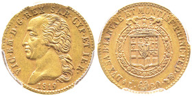 Vittorio Emanuele I 1802-1821
20 lire, Torino, 1819 L, AU 6.45 g. Ref : MIR 1028d (R), Pag. 7, Fr. 1129 Conservation : PCGS AU 55