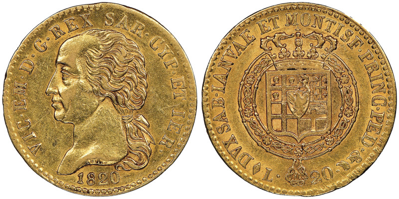 Vittorio Emanuele I 1802-1821
20 lire, Torino, 1820 L, AU 6.45 g.
Ref : Cud. 113...