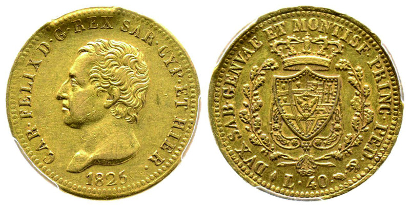 Carlo Felice 1821-1831
40 lire, Torino, 1825 (L), AU 12.9 g.
Ref : Cud. 1144c (R...