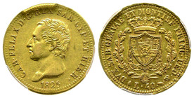 Carlo Felice 1821-1831
40 lire, Torino, 1825 (L), AU 12.9 g.
Ref : Cud. 1144c (R), MIR 1033, Pag. 41, Fr. 1135 Conservation : PCGS AU 53