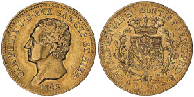Carlo Felice 1821-1831
20 Lire, Torino, 1822, AU 6.44 g.
Ref : Cud. 1145b (R2), MIR 1034, Pag. 46, Fr. 1136 Conservation : NGC XF 45