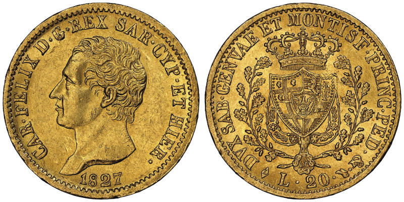 Carlo Felice 1821-1831
20 Lire, Torino, 1827, AU 6.44 g.
Ref : Cud. 1145j, MIR 1...