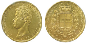 Carlo Alberto 1831-1849
100 lire, Torino, 1835 (P), AU 32.25 g.
Ref : Cud. 1154e, MIR.1043g, Pag. 141, Fr. 1138
Conservation : PCGS AU 55