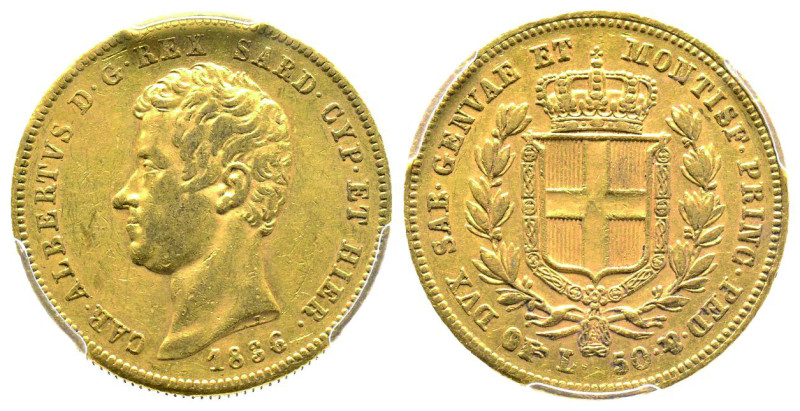 Carlo Alberto 1831-1849
50 Lire, Torino, 1836 (P), AU 16.12 g.
Ref : Cud. 1155c ...